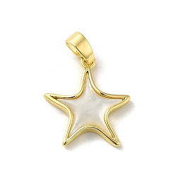 Star Brass Pave Natural White Shell Pendants with Snap on Bails, Real 14K Gold Plated, Star, 16x14.5x2.5mm, Hole: 4.5x3mm