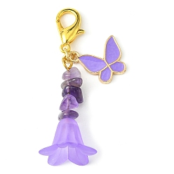 Medium Purple Alloy Enamel Butterfly & Acrylic Flower Pendant Decoration, Natural Amethyst Chips and Lobster Claw Clasps Charm, Medium Purple, 52~53mm