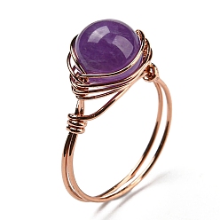 Amethyst Natural Amethyst Round Finger Ring, Rack Plating Rose Gold Brass Wire Wrap Ring, Inner Diameter: 20mm