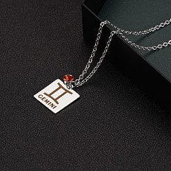Gemini Constellation Rectangle Pendant Necklace, 201 Stainless Steel Square with Rhinestone Pendant Necklace for Men Women, Gemini, 17.72 inch(45cm)