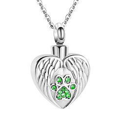 Pale Green Stainless Steel Pendant Necklaces, Urn Ashes Necklace, Heart with Wing, Pale Green, 0.98x0.71 inch(2.5x1.8cm)