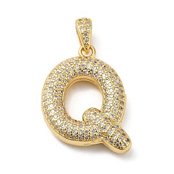 Letter Q Brass Micro Pave Cubic Zirconia Pendants, Cadmium Free & Lead Free, Long-Lasting Plated, Real 18K Gold Plated, Letter Q, 25.5x19x5.5mm, Hole: 4.5x3mm