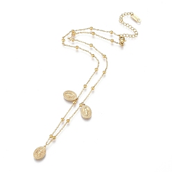 Golden 304 Stainless Steel Pendant Necklaces, Virgencita Necklaces, with Cable Chains and Round Beads, Oval with Virgin Mary, Golden, 15.83 inch(40.2cm)