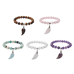 Mixed Stone Natural Gemstone Stretch Bracelets, Wing Shape Stone Charm Bracelets for Women, Inner Diameter: 2-1/2 inch(6.2cm)
