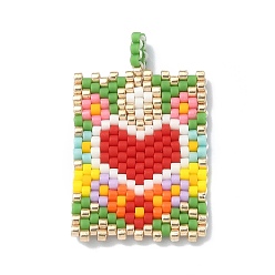 Red Handmade Japanese Seed Loom Pattern Seed Beads, Rectangle with Heart Pendants, Red, 32x19.5x1.5mm, Hole: 2.5mm