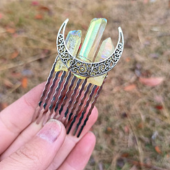 Light Yellow Natural Crystal Quartz Hair Combs, with Metal Finding, for Women, Moon, Light Yellow, 70x35mm