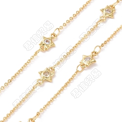 Real 18K Gold Plated Clear Cubic Zirconia Star Link Chains, with Brass Cable Chains, Unwelded, Cadmium Free & Nickel Free & Lead Free, Real 18K Gold Plated, 9x6x1.5mm, about 3.28 Feet(1m)/Box