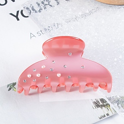 Light Coral Acrylic Claw Hair Clips for Women, Moon Large Claw Clip for Thick Hair, with Rhinestone & Plastic Imitation Pearl, Light Coral, 40x77x40mm