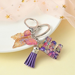 Letter E Resin Letter & Acrylic Butterfly Charms Keychain, Tassel Pendant Keychain with Alloy Keychain Clasp, Letter E, 9cm