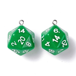 Green Opaque Acrylic Pendants, with Platinum Plated Iron Findings, Faceted, Polyhedral Dice, D20, Green, 27.5x20x20mm, Hole: 2mm