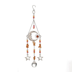 Argent Antique & Platine Attrape-soleil en alliage représentant un soleil, une lune et une étoile, orné de perles de verre et d'éclats de cornaline naturelle., suspension de fenêtre prismatique pour la décoration de la maison et du jardin, argent antique et platine, 230mm