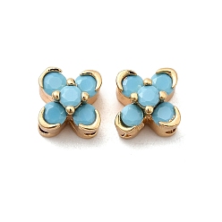 Небесно-голубой Многожильные звенья из латуни с паве из кубического циркония, клевер, реальный 18 k позолоченный, голубой, 6x6x5 мм, отверстие : 1 мм