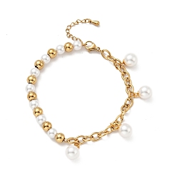 Golden Plastic Pearl Charm Bracelet with Vacuum Plating 304 Stainless Steel Curb Chains for Women, Golden, 7-1/2 inch(19cm)