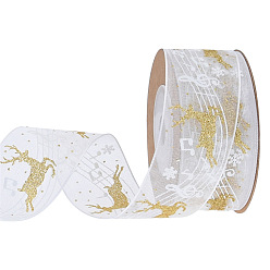 White 5M Christmas Theme Polyester Ribbons, Flat Ribbon with Hot Stamping Reindeer and Musical Note Pattern, Garment Accessories, White, 1 inch(25mm), about 5.47 Yards(5m)/Roll