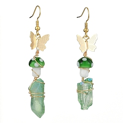 Green Dyed Natural Quartz Crystal Nugget & Mushroom Lampwork Dangle Earrings, Golden Brass Butterfly Long Drop Earrings, Green, 63~75x6.5~11mm
