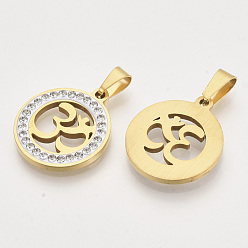 Golden 201 Stainless Steel Pendants, with Random Size Snap On Bails and Polymer Clay Crystal Rhinestones, Flat Round with Yoga/Aum/Om Symbol, Golden, 23x20x2~3mm, Hole: 7~10x3~5mm