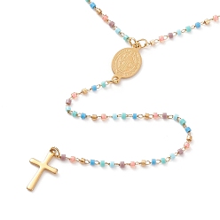 Pale Turquoise 304 Stainless Steel Pendant Necklaces, with Glass Seed Beads and Lobster Claw Clasps, Cross & Saint Benedict Medal/Saint Benedict, Golden, Pale Turquoise, 18 inch(45.7cm)
