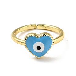 Deep Sky Blue Enamel Heart with Evil Eye Open Cuff Ring, Gold Plated Brass Jewelry for Women, Cadmium Free & Lead Free, Deep Sky Blue, US Size 7(17.3mm)