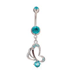 Blue Zircon Piercing Jewelry Real Platinum Plated Brass Rhinestone Butterfly Navel Ring Belly Rings, Blue Zircon, 50x16mm, Bar Length: 3/8"(10mm), Bar: 14 Gauge(1.6mm)