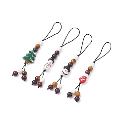 Mixed Shapes Christmas Handmade Lampwork Mobile Straps, with Wood & Synthetic Lava Rock & Natural Tiger Eye Beads, Nylon Thread Mobile Accessories Decoration, Snowman/Glove/Tree, Mixed Shapes, 120~130mm, 4pcs/set