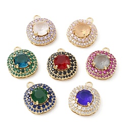 Mixed Color Brass with K9 Glass & Rhinestone Pendants, Light Gold, Flat Round Charms, Mixed Color, 18x15x7.5mm, Hole: 2mm
