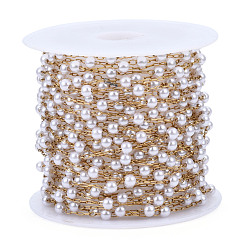 Ivoire Chaînes de perles rondes en plastique ABS, avec chaînes porte-câbles dorées 316 en acier inoxydable, soudé, avec bobine, blanc crème, 3x2.5mm, environ 16.40 pieds (5 m)/rouleau