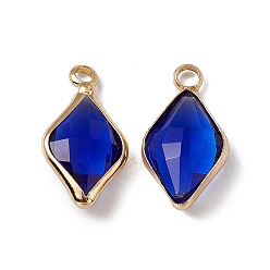 Sapphire K9 Glass Pendants, Rhombus Charms, Faceted, with Light Gold Tone Brass Edge, Sapphire, 18.5x10x5mm, Hole: 2.2mm