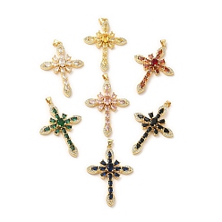 Mixed Color Brass Pendants, with Glass & Cubic Zirconia, Lead Free & Cadmium Free, Cross Charms, Real 18K Gold Plated, Mixed Color, 49x34x7mm, Hole: 5.1x3.4mm
