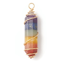 Light Gold 7 Chakra Gemstone Double Terminal Pointed Pendants, Copper Wire Wrapped Gems Faceted Bullet Charms, Light Gold, 49x12x13mm, Hole: 3.7mm