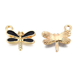 Black Light Gold Plated Alloy Charms, with Enamel, Dragonfly, Black, 14.5x15.5x3mm, Hole: 1.8mm