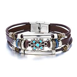 BR23Y0222-1 Ethnic Style Turquoise Jewelry Vintage Floral Diamond Crystal Tube Bead Leather Bracelet