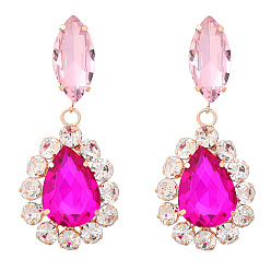 Rose pink Sparkling Diamond Waterdrop Earrings for Women - Exaggerated European and American Alloy Ear Jewelry with Claw Chain, Perfect for Parties!