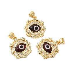 Coconut Brown Handmade Evil Eye Lampwork Pendants, with Brass Cubic Zirconia Finding, Cadmium Free & Lead Free, Real 18K Gold Plated, Flat Round Charm, Coconut Brown, 20.5x17.5x3.3mm, Hole: 3x4.3mm