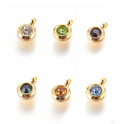 Mixed Color 304 Stainless Steel Rhinestone Charms, July Birthstone Charms, Flat Round, Mixed Color, 9.3x6.5x4mm, Hole: 2mm