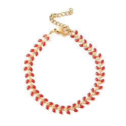 Red Enamel Ear of Wheat Link Chains Bracelet, Vacuum Plating 304 Stainless Steel Jewelry for Women, Red, 6-7/8 inch(17.6cm)