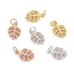 Mixed Color Brass Micro Pave Cubic Zirconia Charms, with Jump Rings, Leaf, Clear, Mixed Color, 13.5x8.5x2.5mm, Jump Rings: 5x0.8mm, 3.4mm Inner Diameter