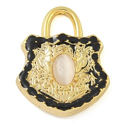 Черный Стеклянные подвески из латуни с покрытием стойки, с эмалью, долговечный, без свинца и без кадмия, реальный 18 k позолоченный, запирать, чёрные, 22x17.5x4 мм, отверстие : 4x4.5 мм