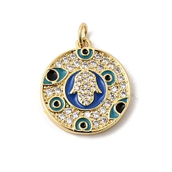 Королевский синий Латунные микро проложить кубического циркония подвески, с эмалью, плоские круглые с хамсой ручные подвески, долговечный, стойки покрытие, без свинца и без кадмия, реальный 18 k позолоченный, королевский синий, 21x18.5x2.5 мм, Перейти кольцо: 5x1 мм, внутренний диаметр: 3 мм