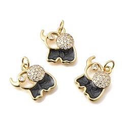 Черный Латунные микропаве прозрачные подвески с фианитом, Слон прелести, с эмалью, без кадмия и без свинца, реальный 18 k позолоченный, стойки покрытие, долговечный, чёрные, 15x15x3.5 мм, отверстие : 3.5 мм