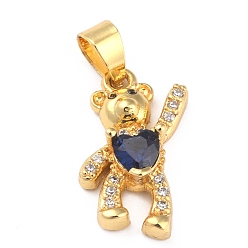 Темно-Синий Латунные подвески с фианитами, долговечный, реальный 18 k позолоченный, медведь, темно-синий, 17x11x4 мм, отверстие : 3.5x4 мм
