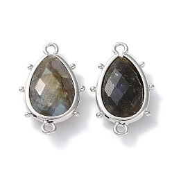 Labradorite Natural Labradorite Connector Charms, with Platinum Plated Brass Edge Loops, Faceted, Teardrop, 24x14.5x5mm, Hole: 1.2mm & 1.4mm