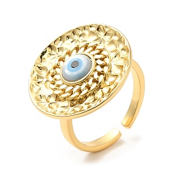 Real 18K Gold Plated Rack Plating Brass Flat Round Open Cuff Rings with Shell Evil Eye , Lead Free & Cadmium Free, Real 18K Gold Plated, Inner Diameter: 17.4mm