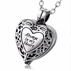 Antique Silver 201 Stainless Steel Urn Pendants, for Commemoration, Excluding Chain, Heart with Word Always in My Heart, Antique Silver, 30x20x12mm