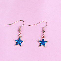 Cornflower Blue Enamel Star Dangle Earrings, Light Gold Plated Alloy Jewelry for Women, Cornflower Blue, 26mm