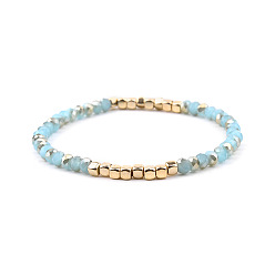 Blue Gold-tone Miyuki Elastic Crystal Beaded Bracelet with Acrylic Tube Beads