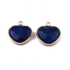 Dark Blue Natural White Jade Pendants, with Light Gold Plated Tone Brass Edge, Dyed & Heated, Faceted Heart Charm, Dark Blue, 22x22x6mm, Hole: 2mm