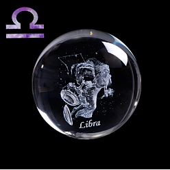 Libra Inner Carving Constellation Glass Crystal Ball Diaplay Decoration, Paperweight, Fengshui Home Decor, Libra, 80mm