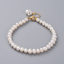 White Natural Cultured Freshwater Pearl Beaded Bracelets, with Shell Pearl Beads, Golden Plated 304 Stainless Steel Lobster Claw Clasps and Cardboard Packing Box, White, 7-5/8 inch(19.5cm)