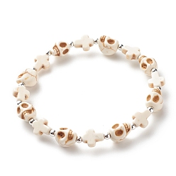 Blanc Bracelet extensible en perles de turquoise synthétique (teint) avec croix et tête de mort, bijoux de pierres précieuses d'halloween pour femmes, blanc, diamètre intérieur: 2-3/8 pouce (6 cm)