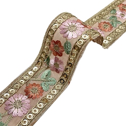 Dark Khaki 10 Yards Embroidery Flower Polyester Ribbon, Clothes Accessories, Dark Khaki, 1-5/8 inch(40mm)